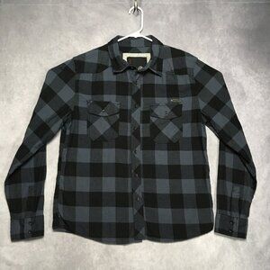 Brandit Mens Flannel Shirt size Large Long‎ Sleeve Button Up Black Blue Check